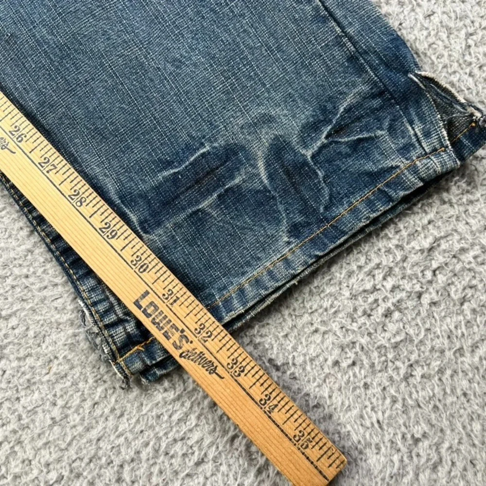 True Religion Logan Jeans Men 38 Blue Button Fly Distressed Split Hem‎ Whiskers